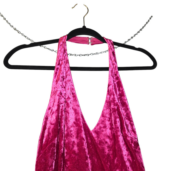 Lulus Womens Small Pink Velvet Maxi Dress Halter Slit Formal Prom Stretch NYE - Picture 6 of 16